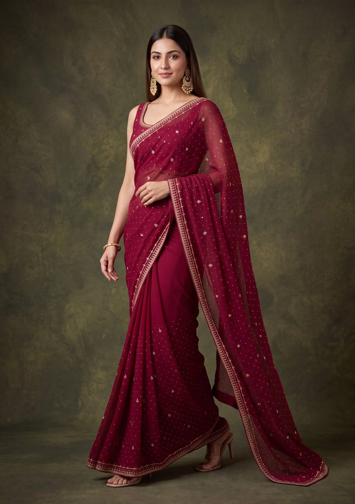Wine Georgette Gold Zariwork Saree With Matching Blouse Piece