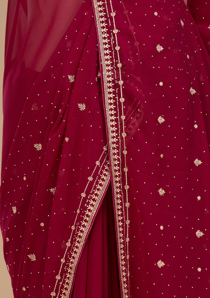 Wine Georgette Gold Zariwork Saree With Matching Blouse Piece