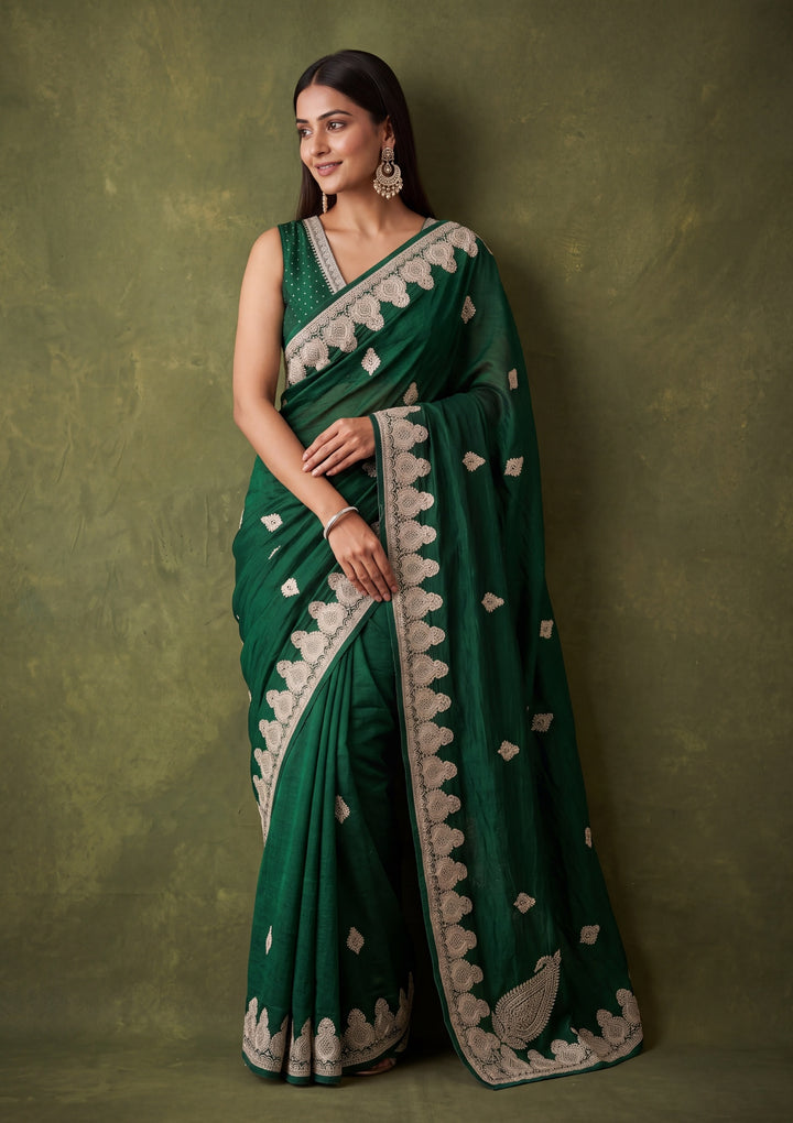 Bottle Green Soft Raw Silk Gold Zariwork Saree With Matching Blouse Piece