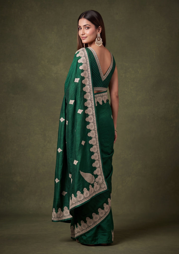 Bottle Green Soft Raw Silk Gold Zariwork Saree With Matching Blouse Piece