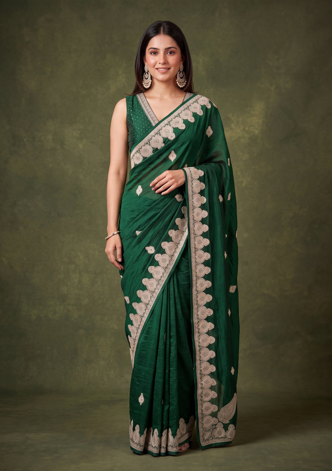 Bottle Green Soft Raw Silk Gold Zariwork Saree With Matching Blouse Piece