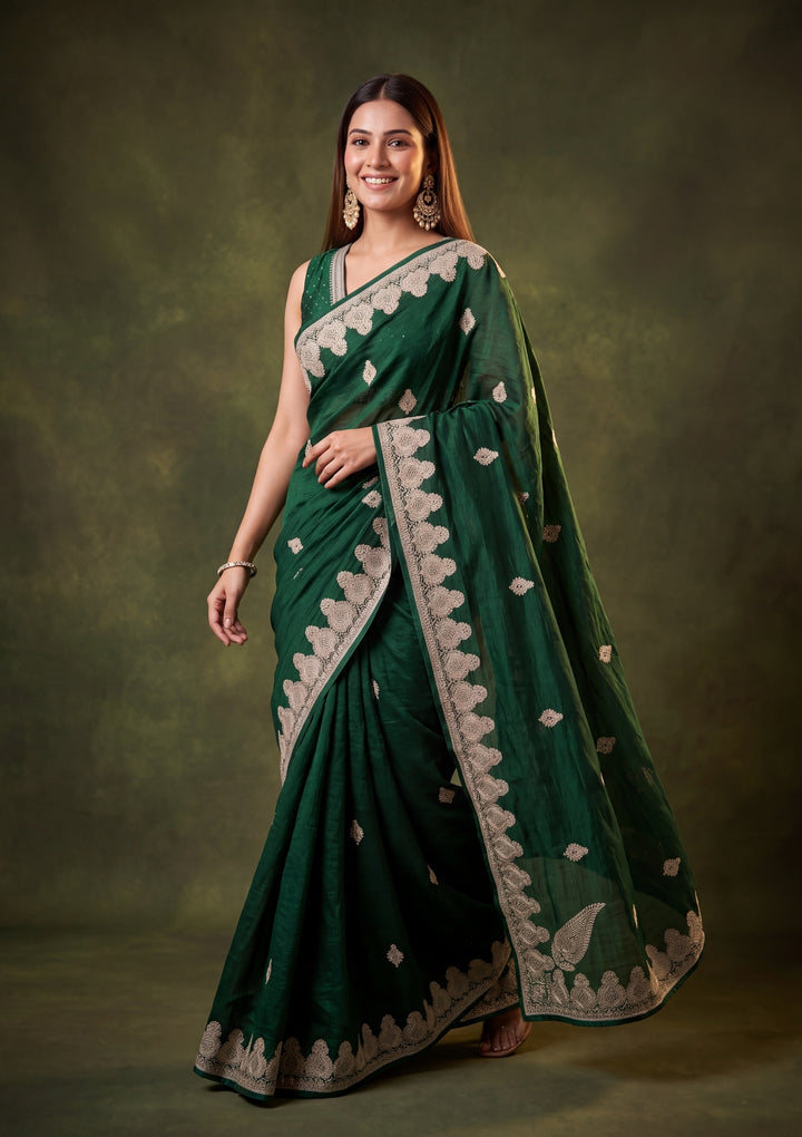 Bottle Green Soft Raw Silk Gold Zariwork Saree With Matching Blouse Piece