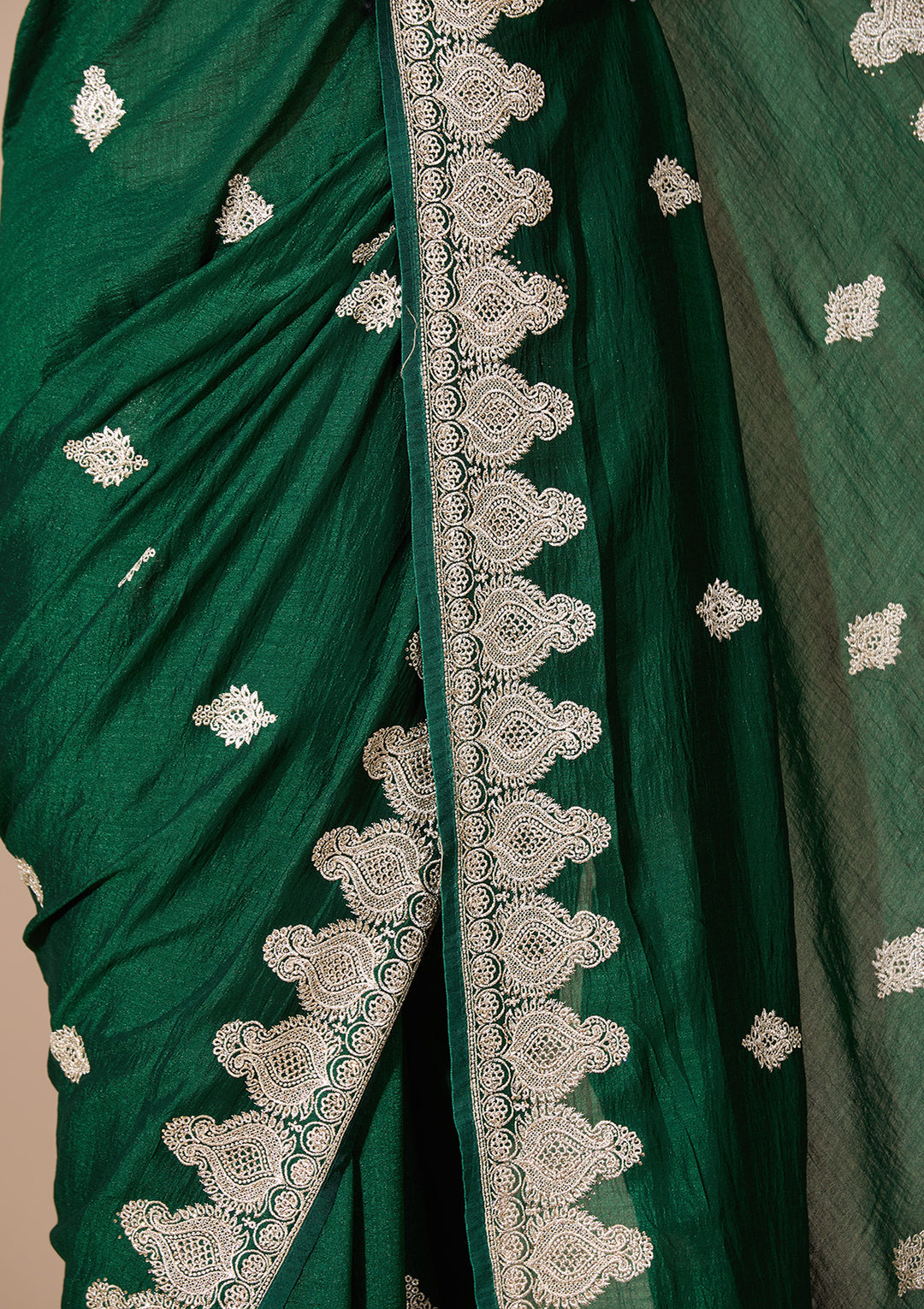 Bottle Green Soft Raw Silk Gold Zariwork Saree With Matching Blouse Piece