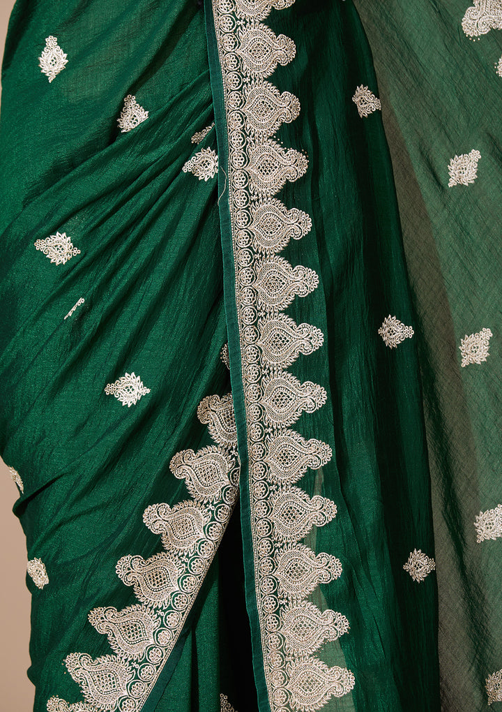 Bottle Green Soft Raw Silk Gold Zariwork Saree With Matching Blouse Piece