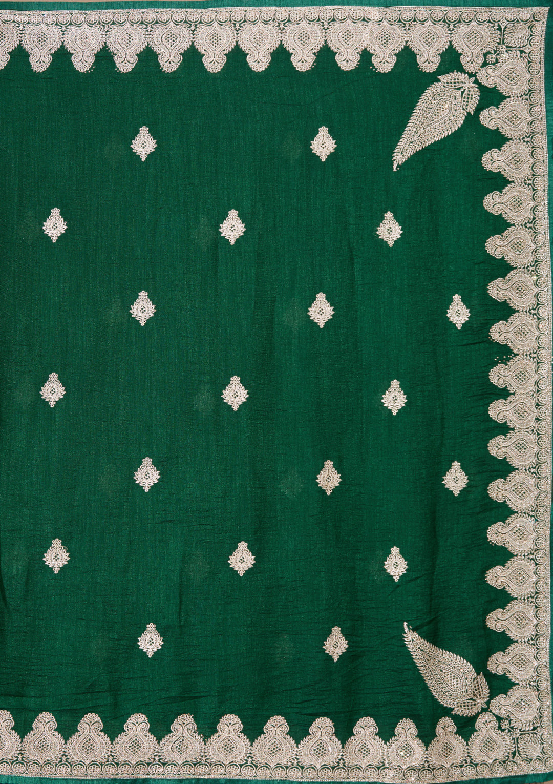 Bottle Green Soft Raw Silk Gold Zariwork Saree With Matching Blouse Piece