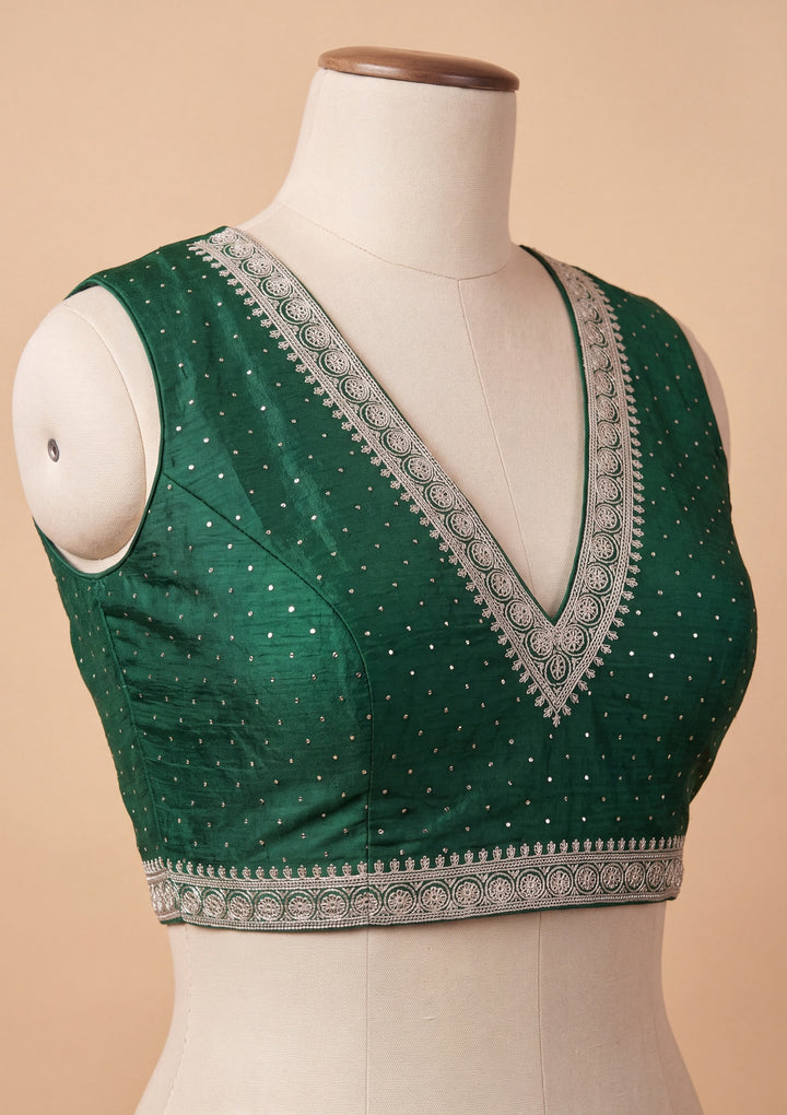 Bottle Green Soft Raw Silk Gold Zariwork Saree With Matching Blouse Piece