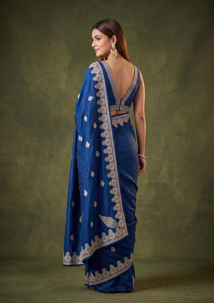 Peacock Blue Soft Raw Silk Gold Zariwork Saree With Matching Blouse Piece