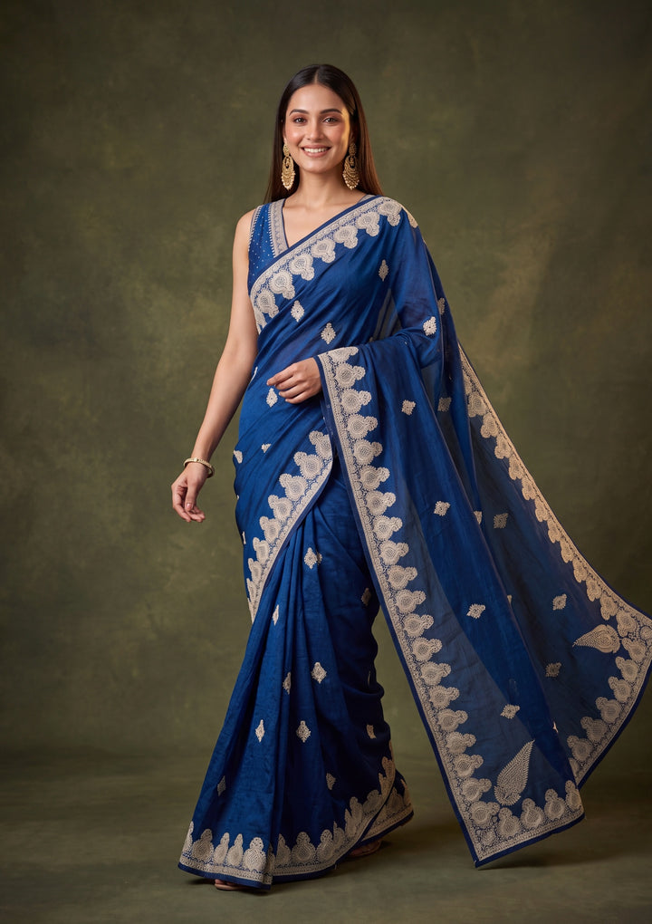 Peacock Blue Soft Raw Silk Gold Zariwork Saree With Matching Blouse Piece