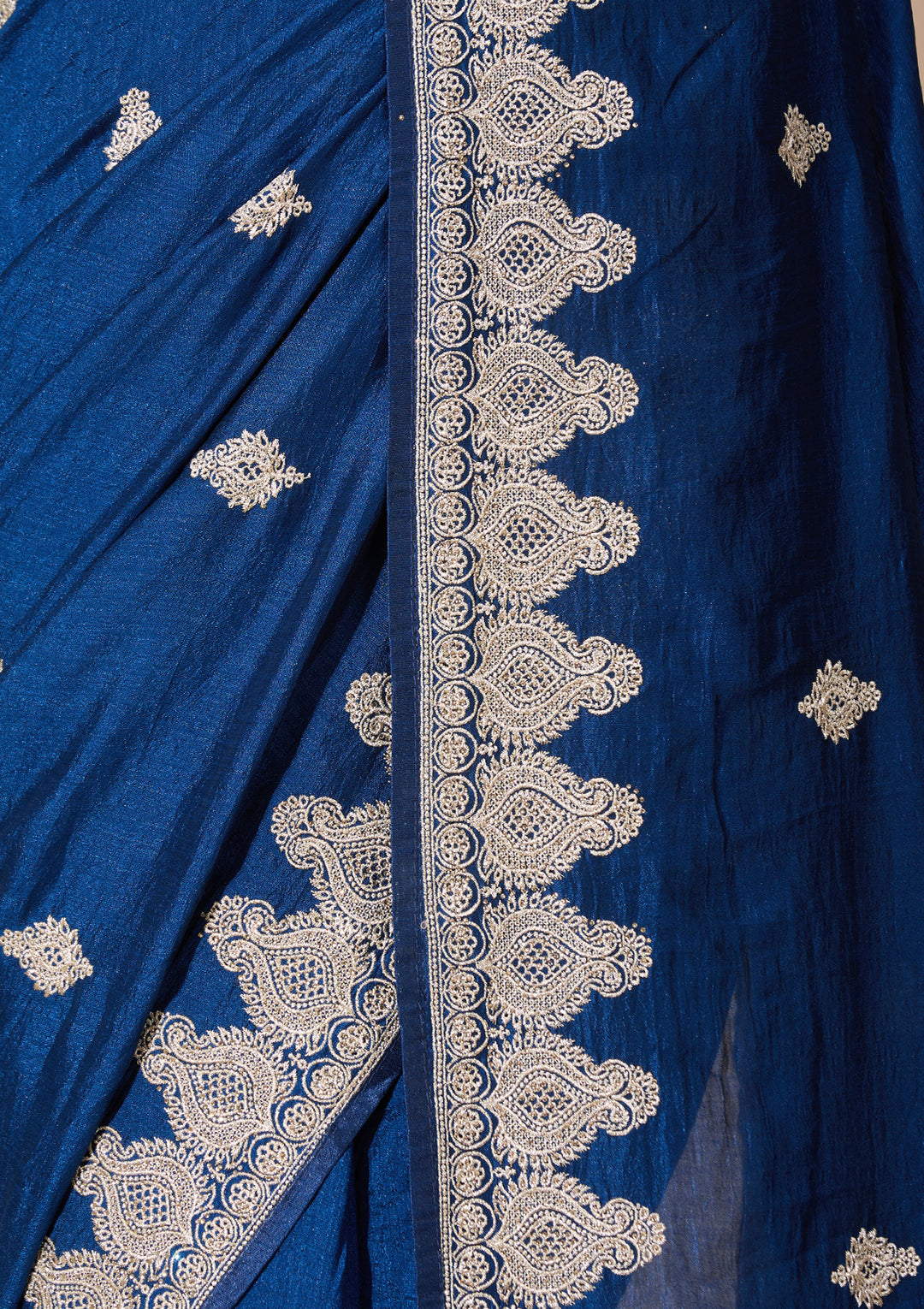 Peacock Blue Soft Raw Silk Gold Zariwork Saree With Matching Blouse Piece
