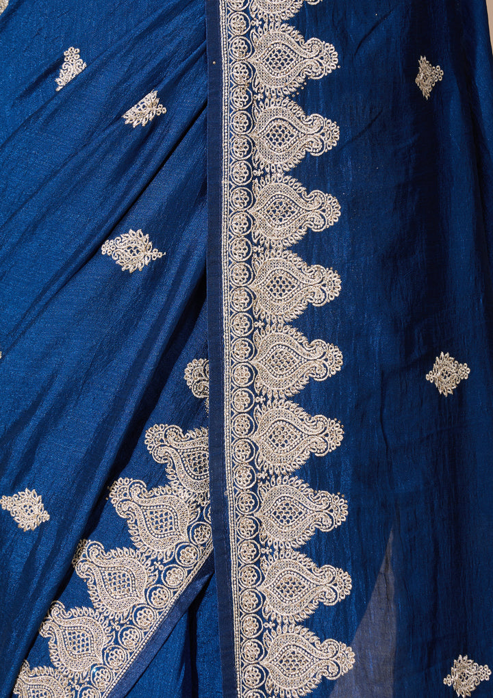 Peacock Blue Soft Raw Silk Gold Zariwork Saree With Matching Blouse Piece