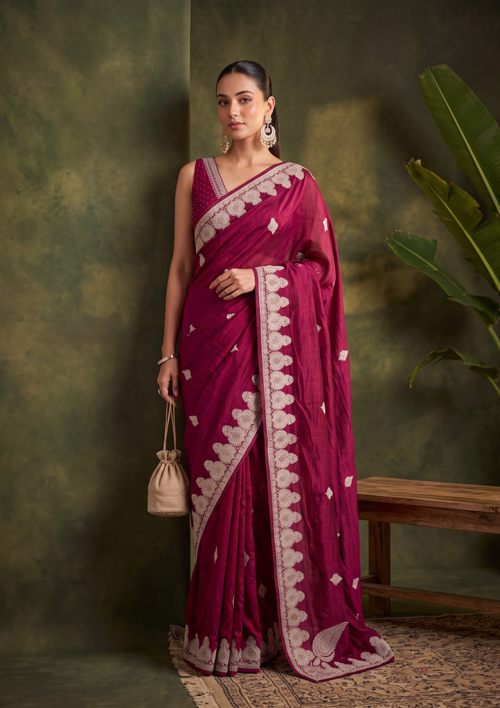 Wine Soft Raw Silk Gold Zariwork Saree With Matching Blouse Piece