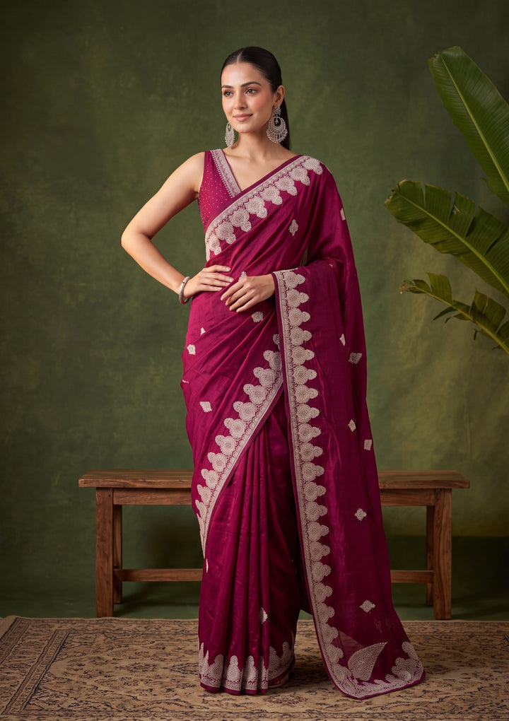 Wine Soft Raw Silk Gold Zariwork Saree With Matching Blouse Piece