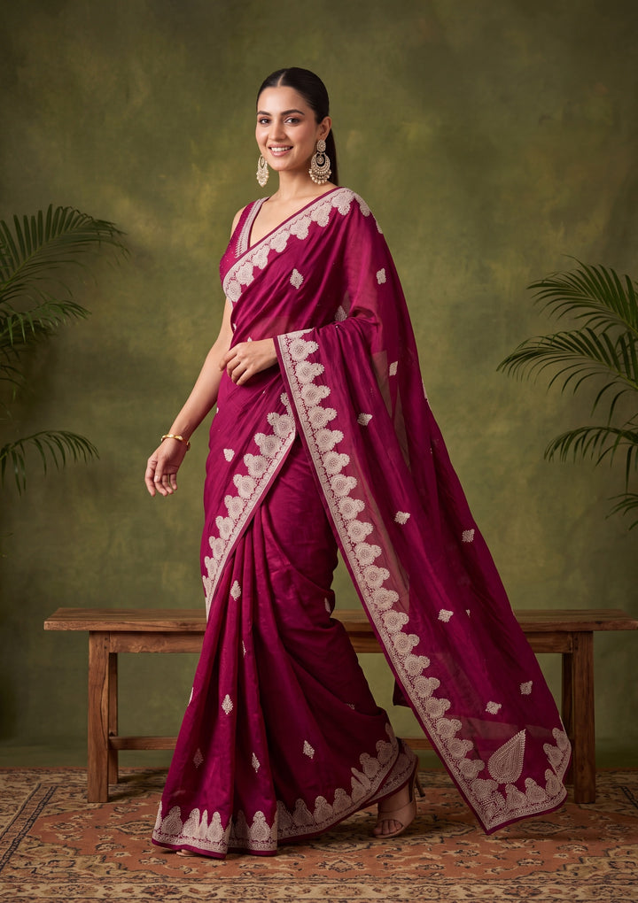 Wine Soft Raw Silk Gold Zariwork Saree With Matching Blouse Piece