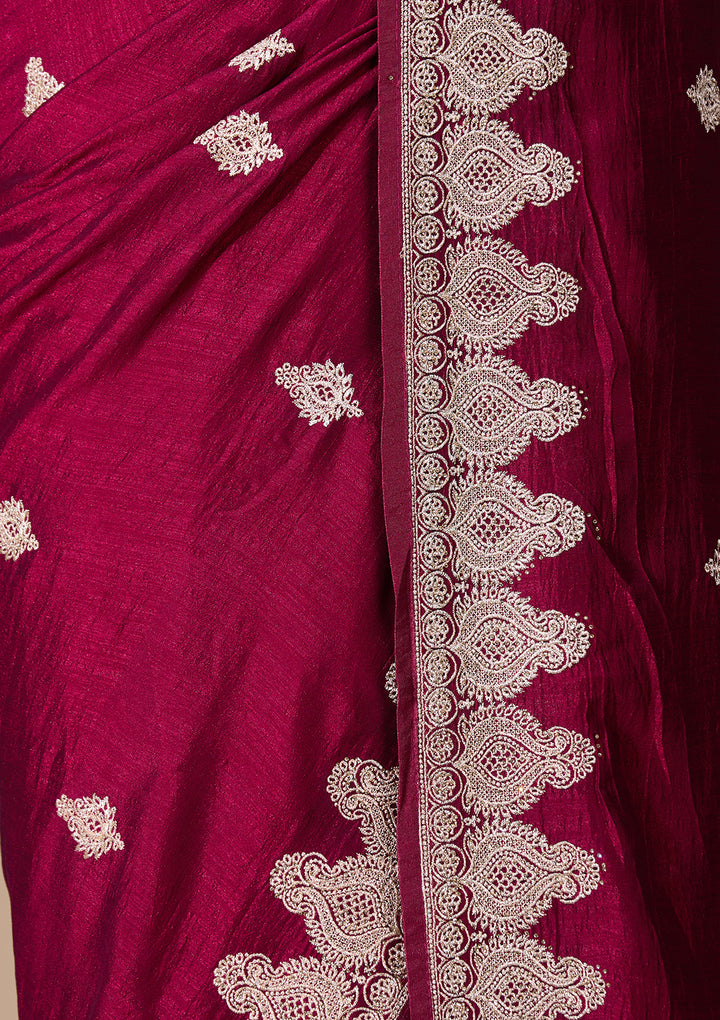 Wine Soft Raw Silk Gold Zariwork Saree With Matching Blouse Piece