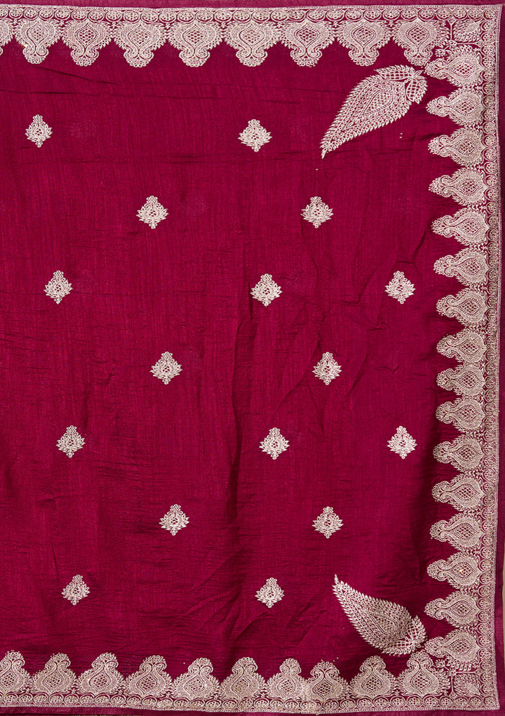 Wine Soft Raw Silk Gold Zariwork Saree With Matching Blouse Piece