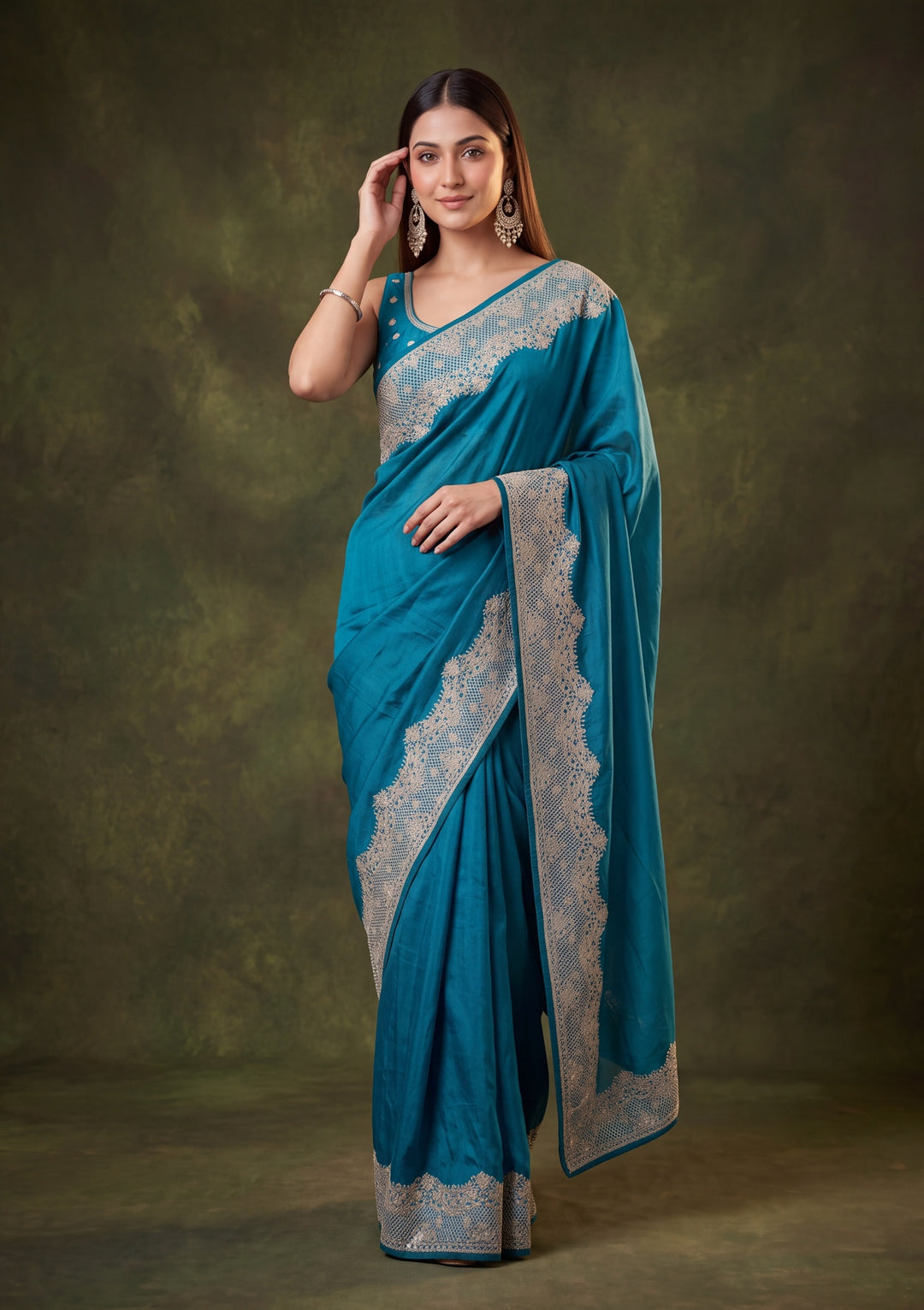 Peacock Blue Chinon Gold Zariwork Saree With Matching Blouse Piece