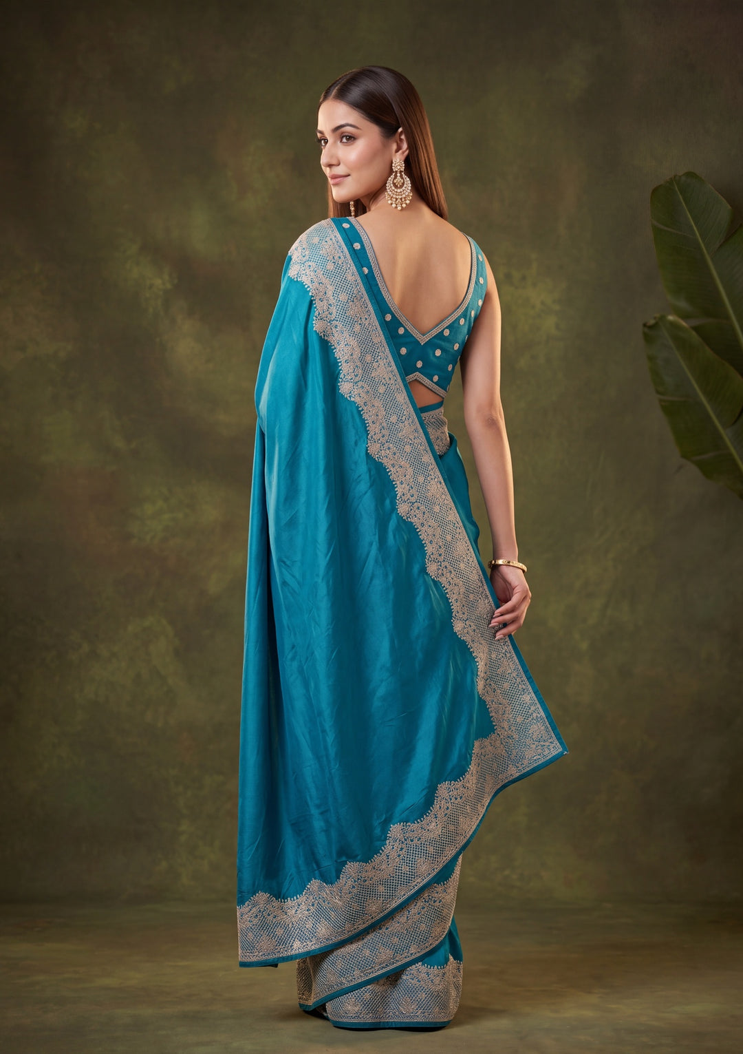 Peacock Blue Chinon Gold Zariwork Saree With Matching Blouse Piece