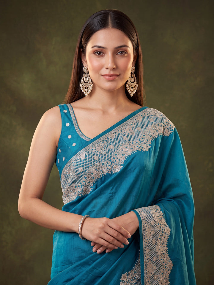 Peacock Blue Chinon Gold Zariwork Saree With Matching Blouse Piece