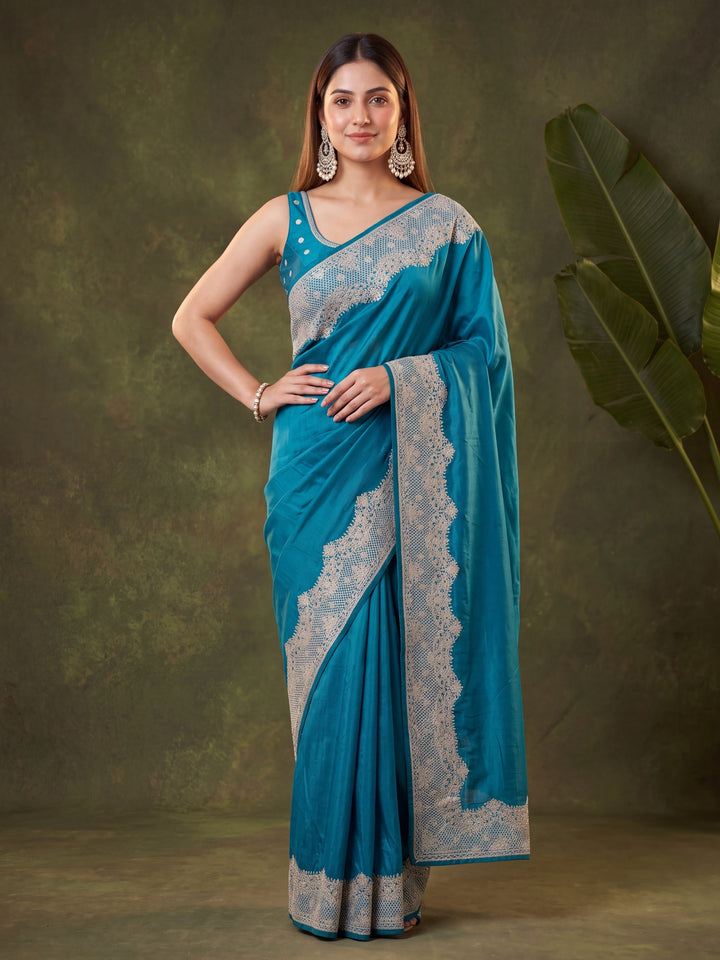 Peacock Blue Chinon Gold Zariwork Saree With Matching Blouse Piece