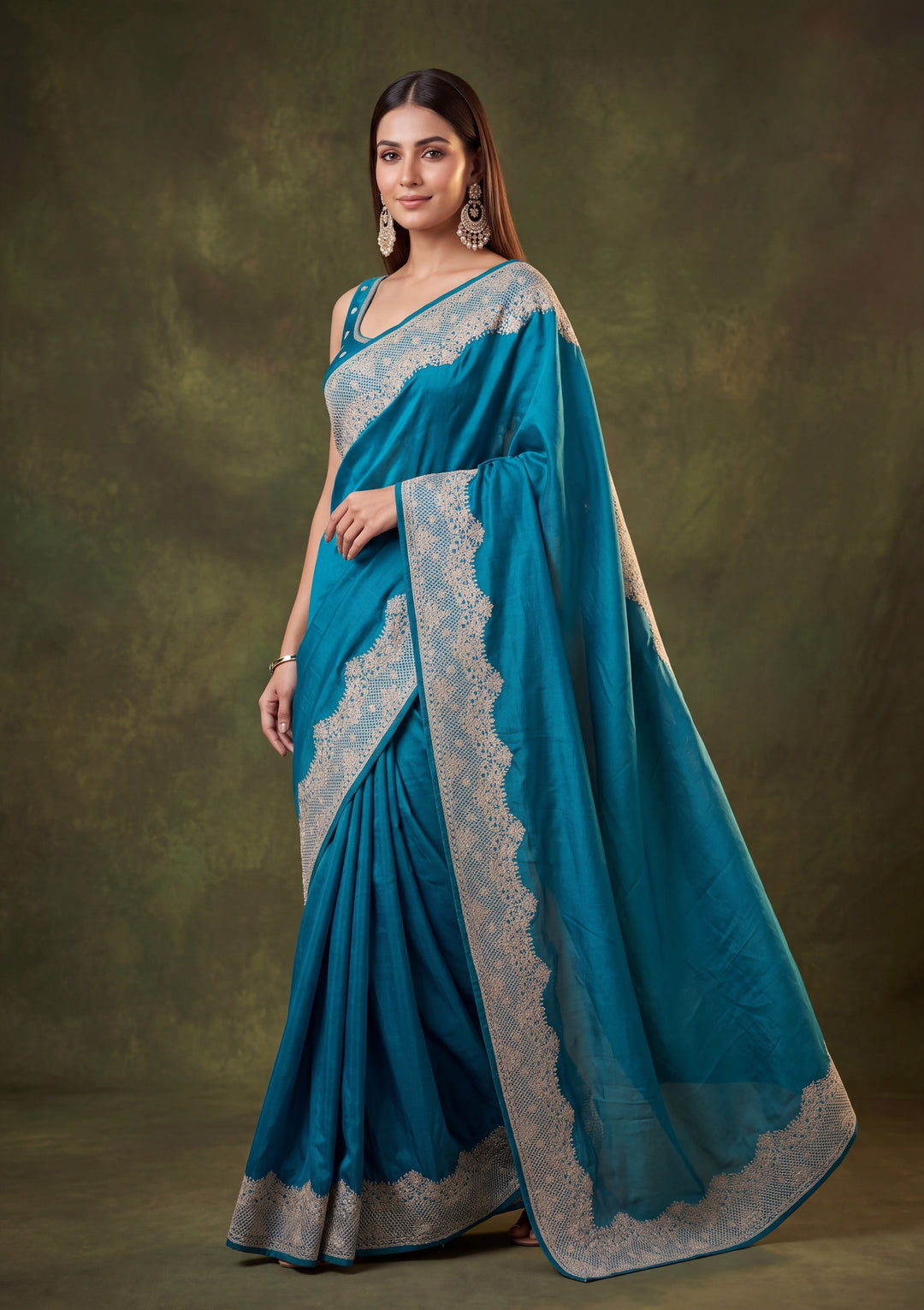 Peacock Blue Chinon Gold Zariwork Saree With Matching Blouse Piece