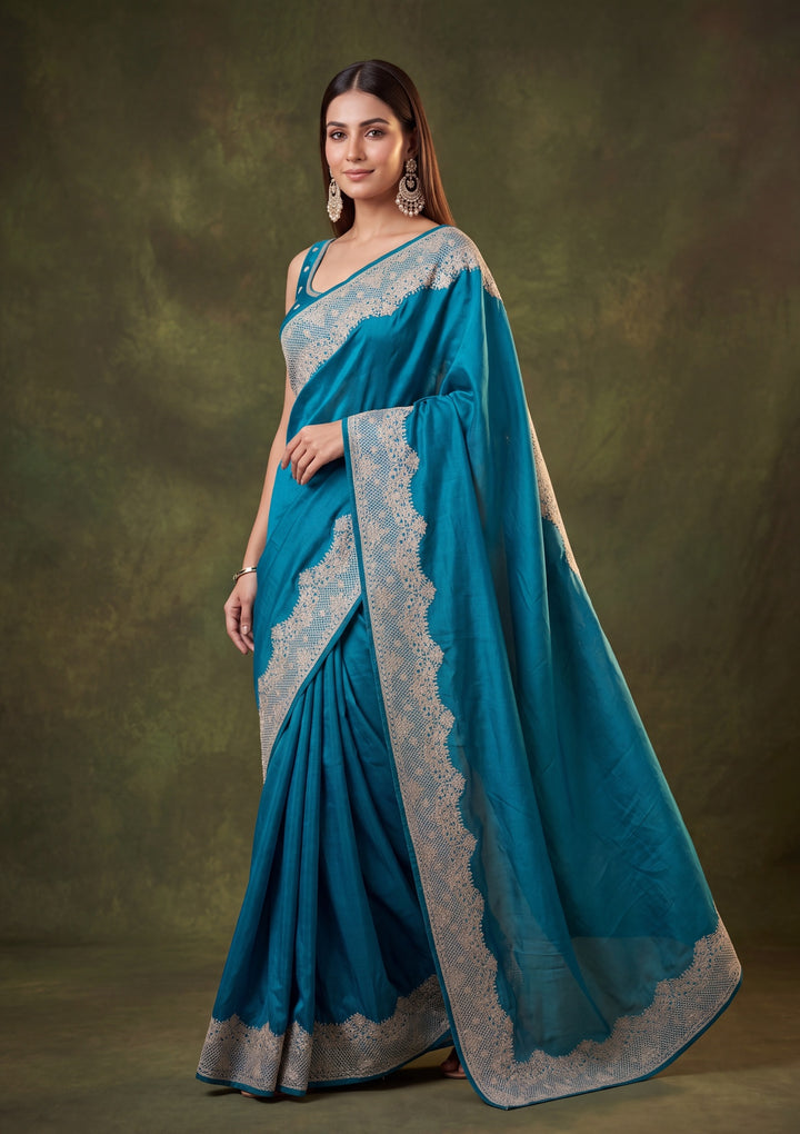 Peacock Blue Chinon Gold Zariwork Saree With Matching Blouse Piece