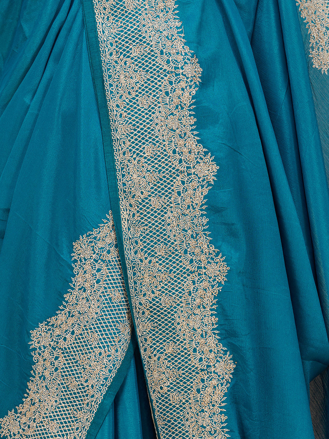 Peacock Blue Chinon Gold Zariwork Saree With Matching Blouse Piece