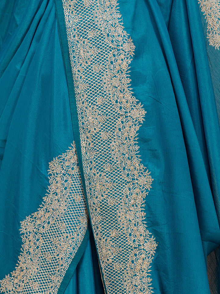 Peacock Blue Chinon Gold Zariwork Saree With Matching Blouse Piece