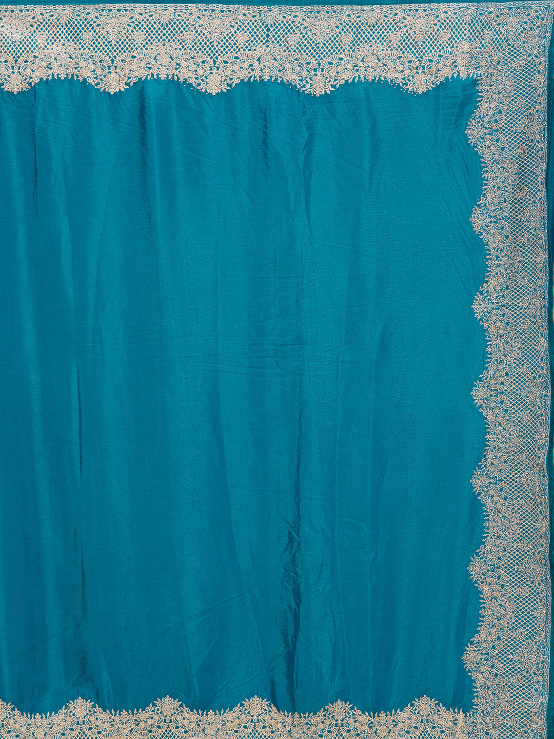 Peacock Blue Chinon Gold Zariwork Saree With Matching Blouse Piece