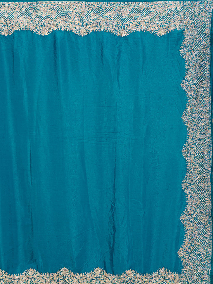 Peacock Blue Chinon Gold Zariwork Saree With Matching Blouse Piece
