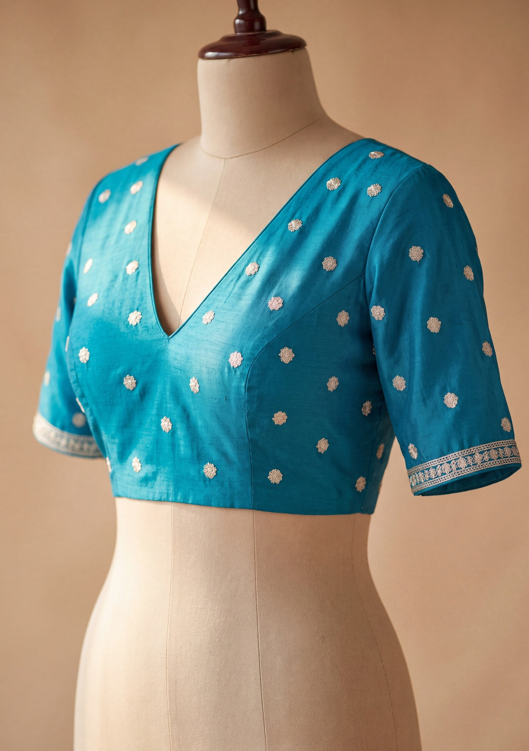 Peacock Blue Chinon Gold Zariwork Saree With Matching Blouse Piece