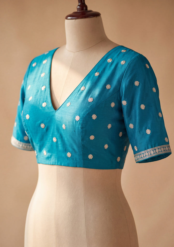 Peacock Blue Chinon Gold Zariwork Saree With Matching Blouse Piece