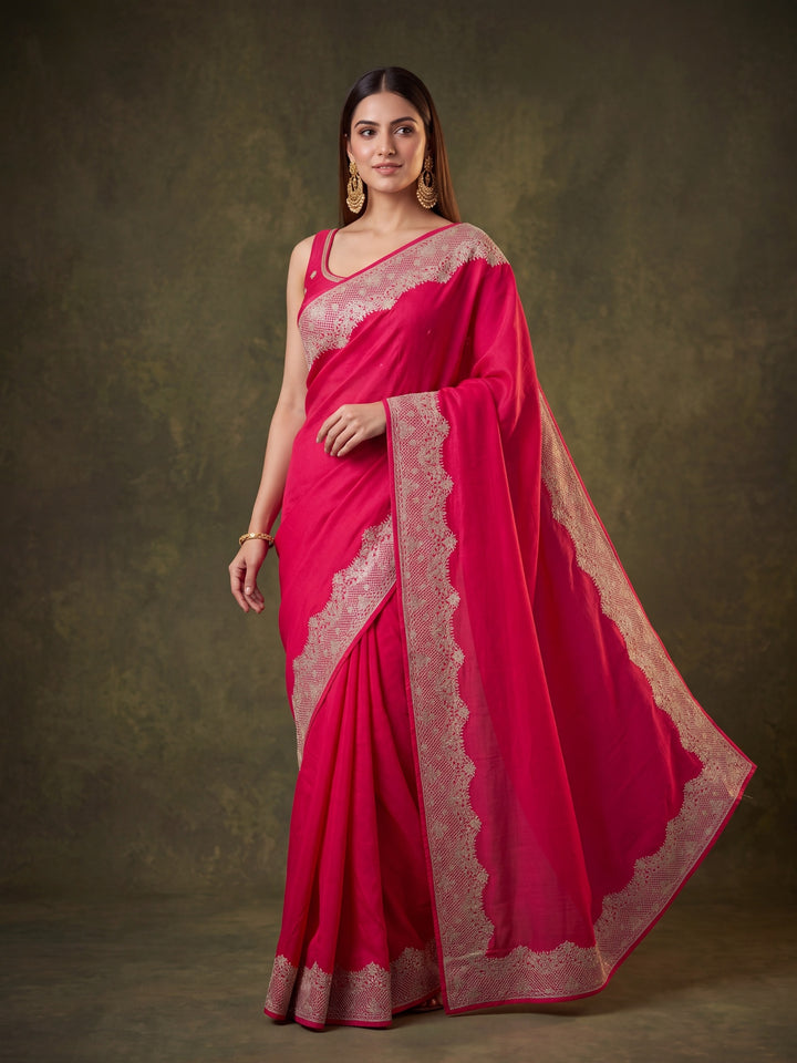 Pink Chinon Gold Zariwork Saree With Matching Blouse Piece