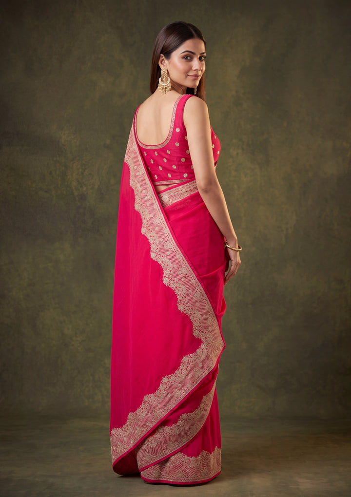 Pink Chinon Gold Zariwork Saree With Matching Blouse Piece