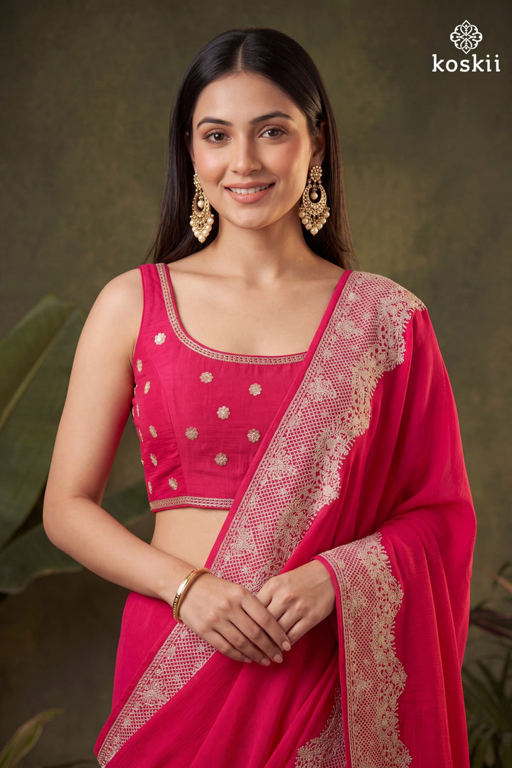 Pink Chinon Gold Zariwork Saree With Matching Blouse Piece