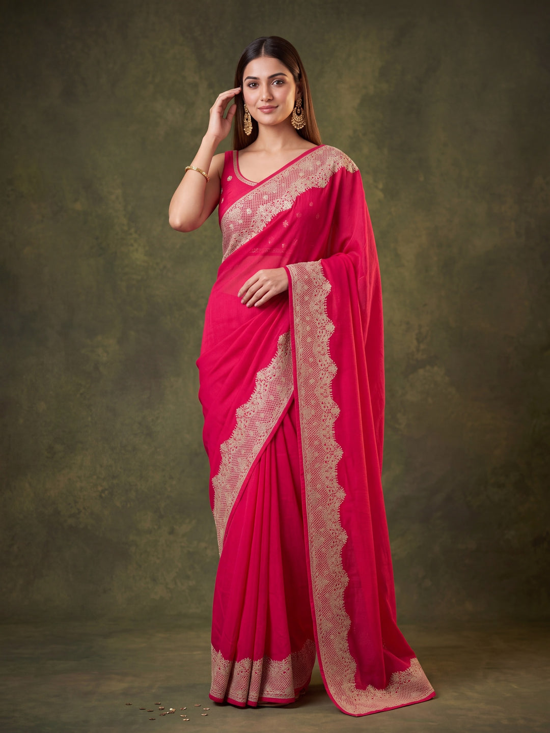 Pink Chinon Gold Zariwork Saree With Matching Blouse Piece