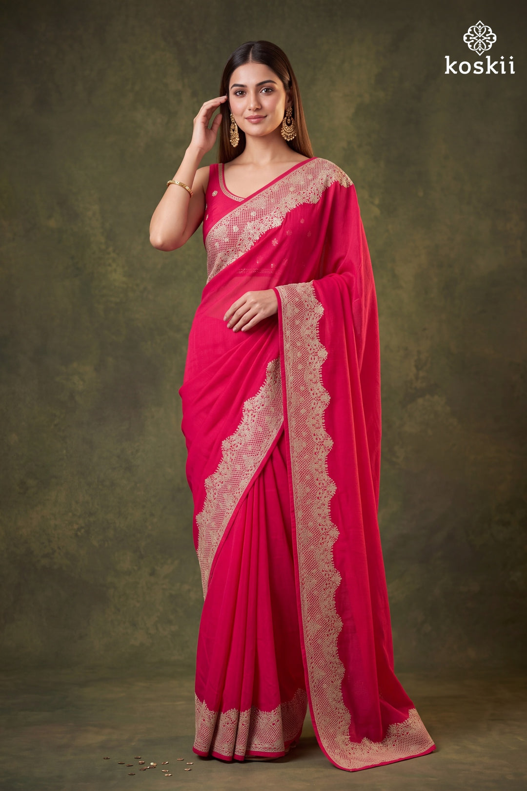 Pink Chinon Gold Zariwork Saree With Matching Blouse Piece
