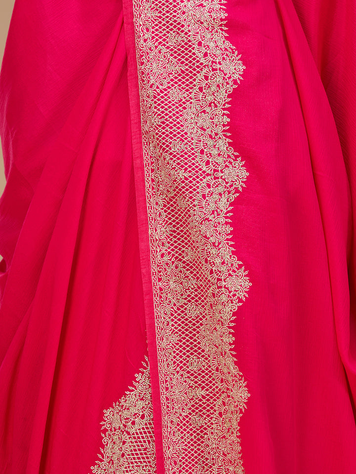 Pink Chinon Gold Zariwork Saree With Matching Blouse Piece