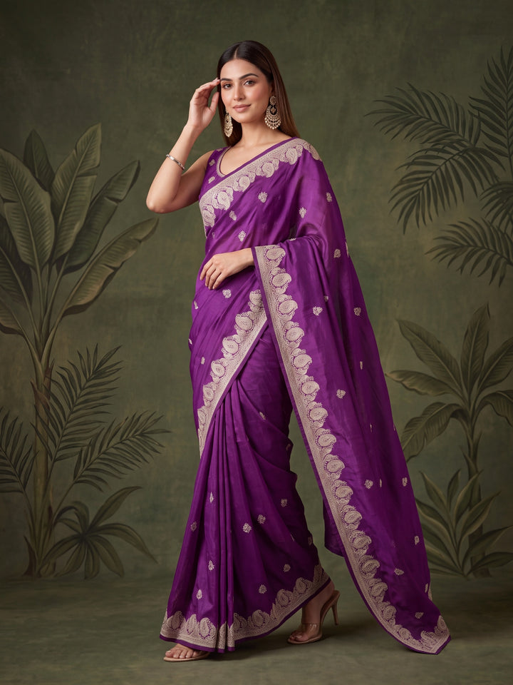 Purple Chinon Gold Zariwork Saree With Matching Blouse Piece