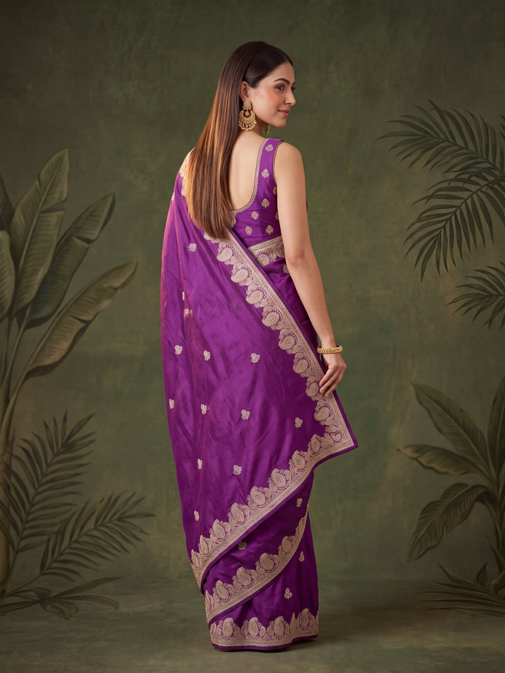 Purple Chinon Gold Zariwork Saree With Matching Blouse Piece