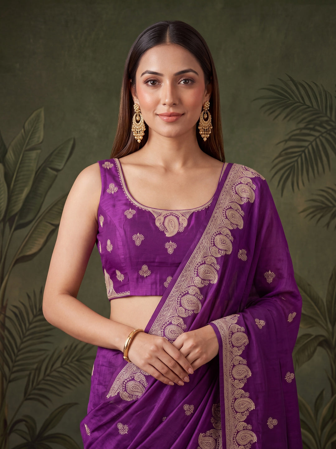 Purple Chinon Gold Zariwork Saree With Matching Blouse Piece