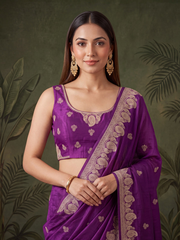 Purple Chinon Gold Zariwork Saree With Matching Blouse Piece