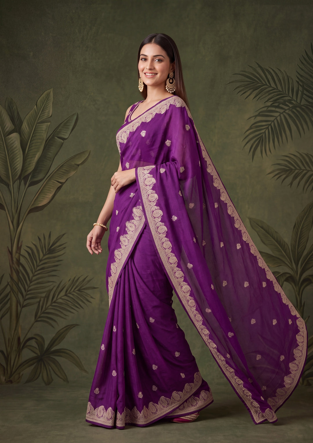 Purple Chinon Gold Zariwork Saree With Matching Blouse Piece