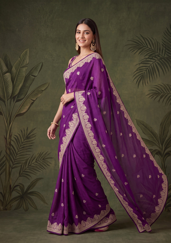 Purple Chinon Gold Zariwork Saree With Matching Blouse Piece