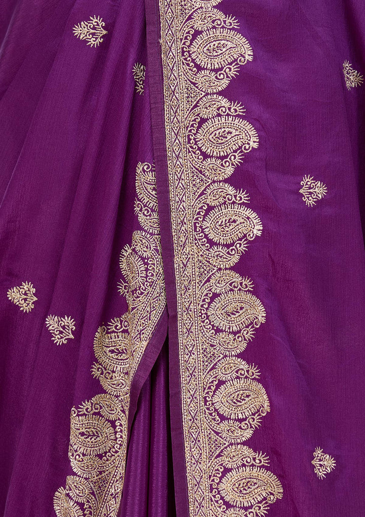 Purple Chinon Gold Zariwork Saree With Matching Blouse Piece