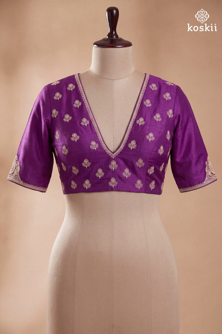 Purple Chinon Gold Zariwork Saree With Matching Blouse Piece