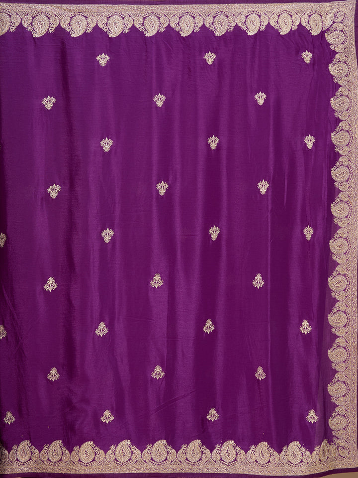 Purple Chinon Gold Zariwork Saree With Matching Blouse Piece