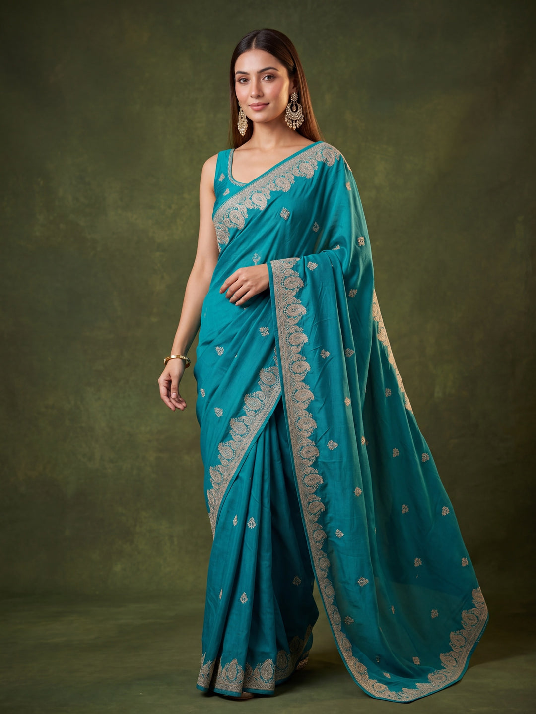 Turquoise Blue Chinon Gold Zariwork Saree With Matching Blouse Piece