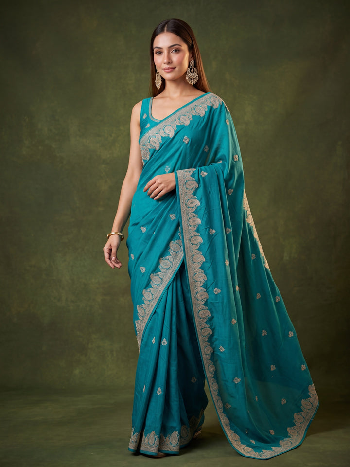 Turquoise Blue Chinon Gold Zariwork Saree With Matching Blouse Piece
