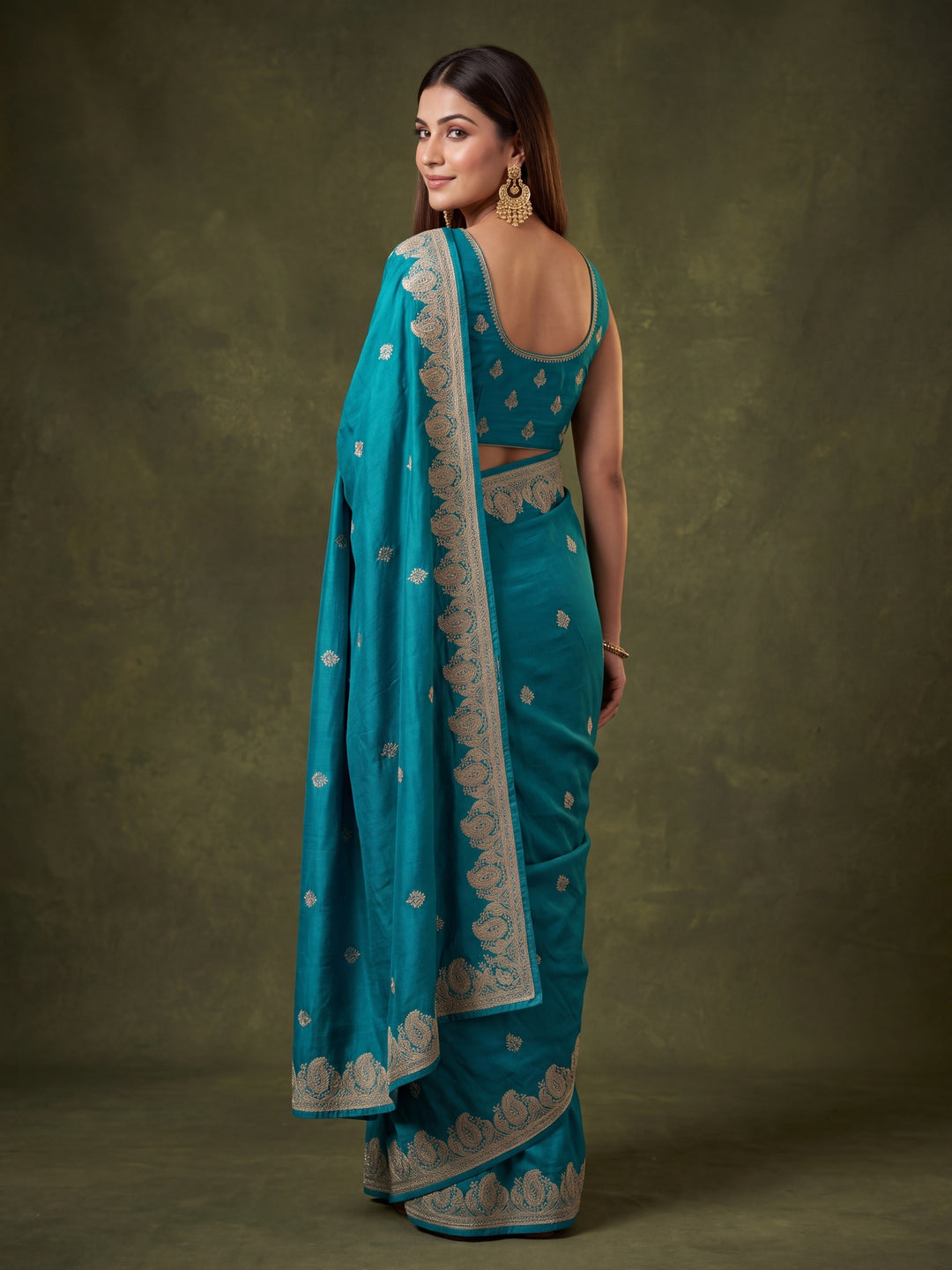 Turquoise Blue Chinon Gold Zariwork Saree With Matching Blouse Piece