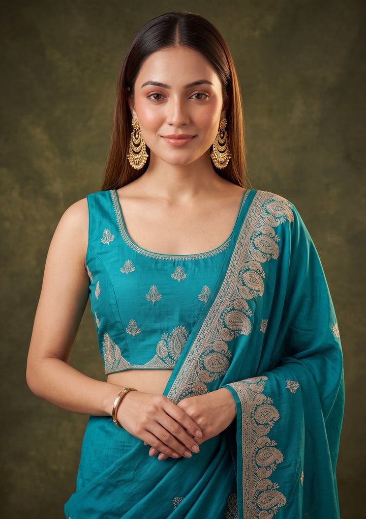 Turquoise Blue Chinon Gold Zariwork Saree With Matching Blouse Piece